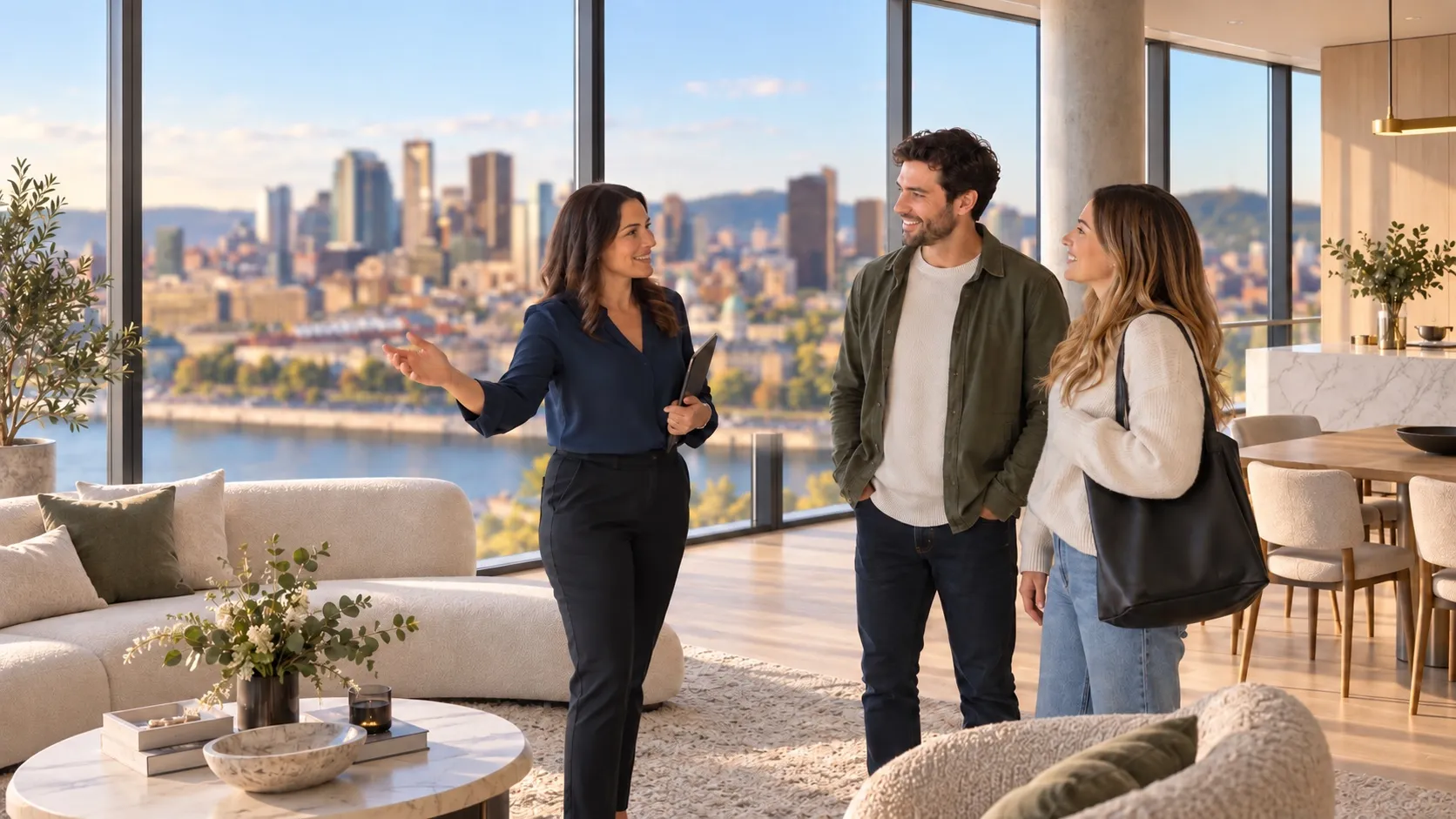 A leasing agent welcoming two renters to a bright apartment, with the city through floor-to-ceiling windows